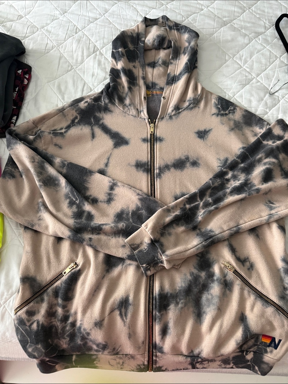 Aviator Nation Beige and Black Tie-Dye Zip Hoodie